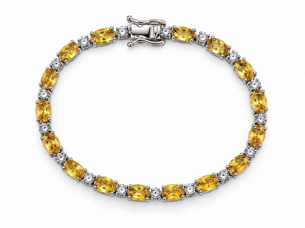 Shiny 925 Sterling Silver Yellow Citrine & Clear Beryl Bracelet Size 7.5